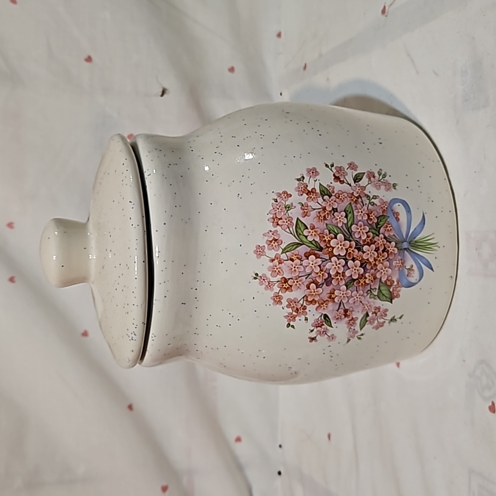 Vintage Speckled Ceramic Blush Pink Flower Blue Ribbon Medium Canister w/Lid